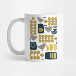 Retro Mid Century Modern Bird and Leaves in Navy Blue, Mustard Yellow and Grey Mug